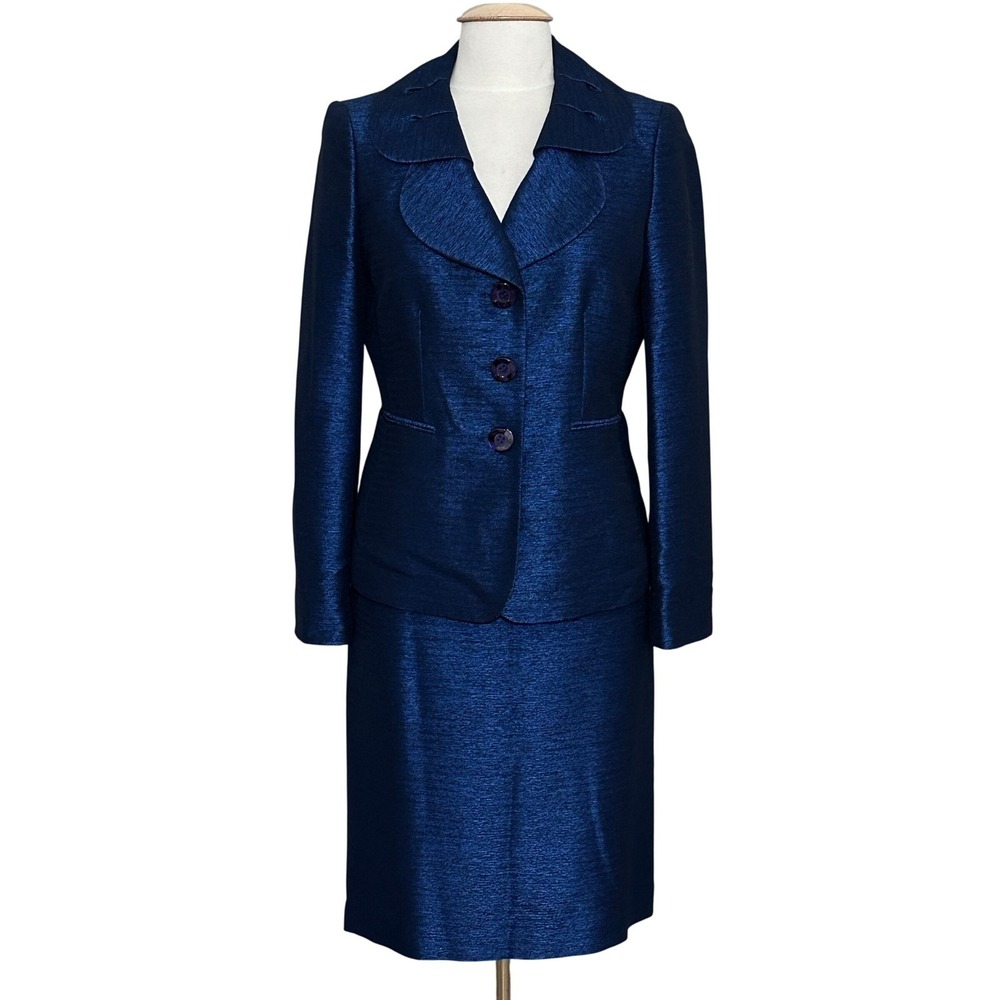 Kasper Women Suit 8 Blue Shantung Pencil Skirt 2 PC Set Classic Occasion Elegant